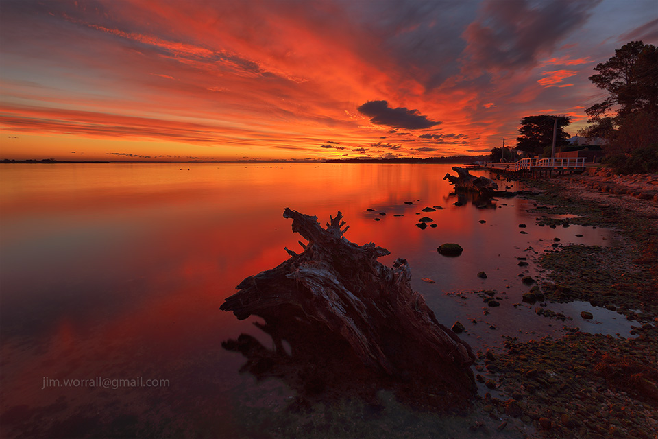 Metung, sunset, Jim Worrall, tree remnants, logs, beach, shoreline